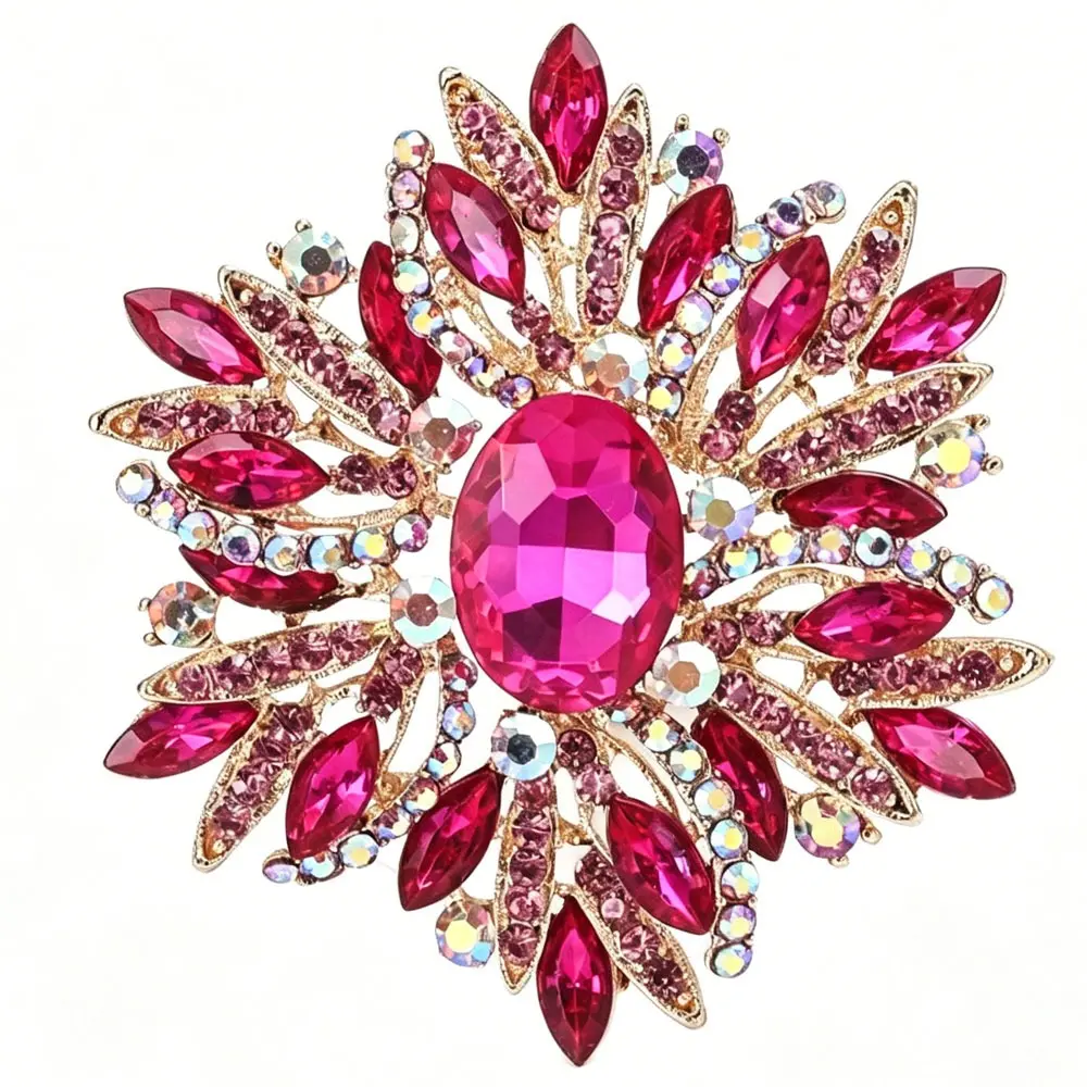 Vintage Sparkly Hot Pink Rhinestone Brooch Gold Tone Floral Sunburst Shape Decor Brooches for Banquet Formal Occasion Party Daily Dress