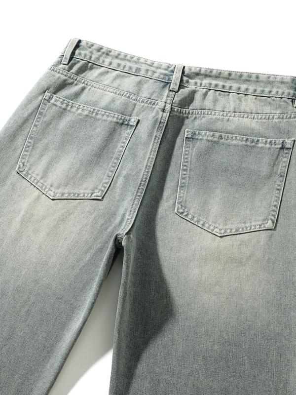 Men's Vintage Washed Denim Jeans, Basic Loose-Fit Wide-Leg Style, American Streetwear Trendy Look, Cotton Fabric, All Seasons