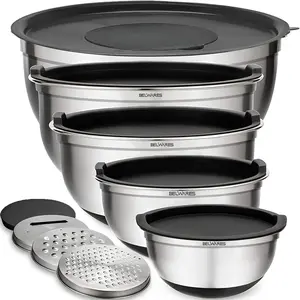 Stainless Steel Mixing Bowls Set with Airtight Lids & Graters – 5-Piece |  Nesting Bowl Set with Non-Slip Bases & Measurement Marks – Durable, Rust-Resistant Prep Bowls for Baking, Cooking & Food Storage - Kitchen Utensils