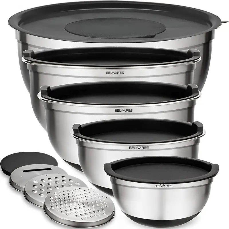 Belwares 5-Piece Stainless Steel Mixing Bowls Set with Airtight Lids & Graters – Non-Slip Nesting Bowls with Measurement Marks for Baking, Cooking & Food Storage
