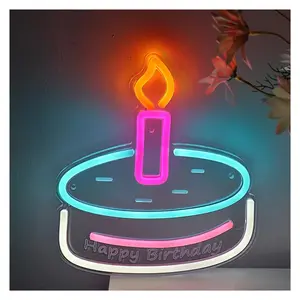 Sign Illuminated Letter Happy Birthday With Cake Candle Shape Wall LED Neon Sign For Birthday Room Party Decoration Light 23cmX20.5cm