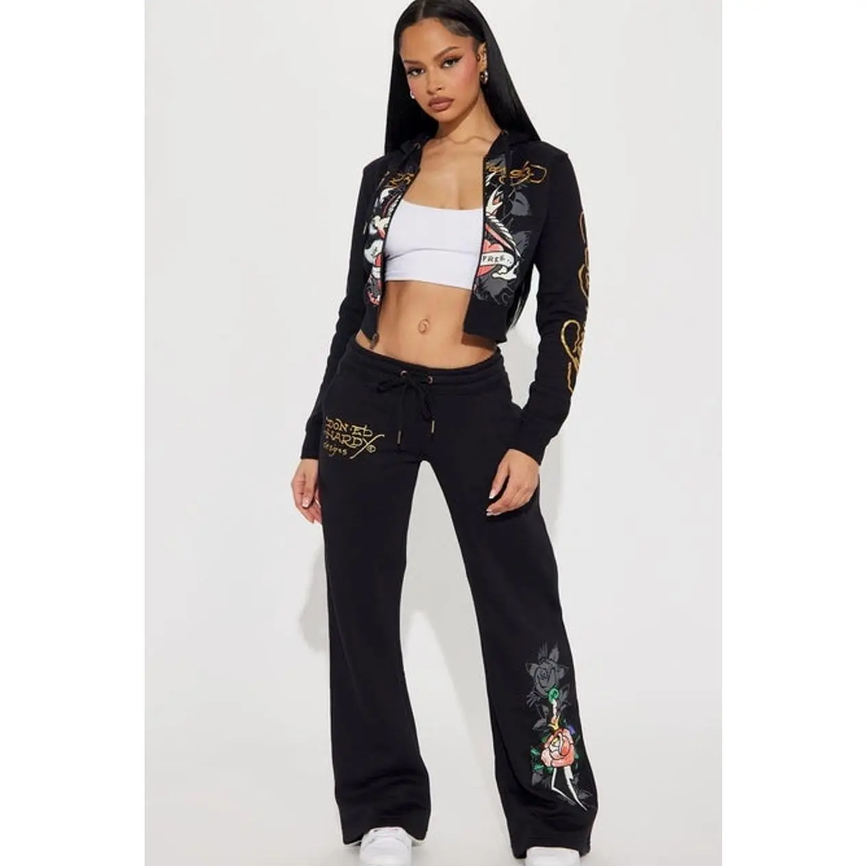 Women's Ed Hardy Graphic Cotton-Polyester Wide-Leg Drawstring Swallow Bird Sweatpants - Black 5, Wide-Leg Sweatpants Pants