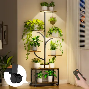 Metal Plant Flower Holder Stand With Wheels, 7-Tier Indoor Plant Shelf, Tree-Shaped Plant Rack, Plant Stand Indoor With Grow Lights, 60" Tall Plant Stand For Indoor Plants Multiple, For Home, Patio And Office