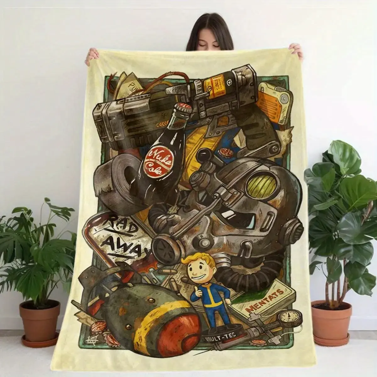 Fallout themed printed flannel blanket with retro game design, suitable for sofa, bed, office and outdoor use, lightweight and durable bedroom chair decor halloween decoration