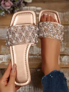 Women's Fashionable Glitter Decorated Slides, Rhinestone Sandals, Casual Comfortable Dressy Flat Sandals, Elegant Square Toe for Beach, Outdoor, Daily Wear, Lightweight Breathable Shoes for Women & Girls, Summer