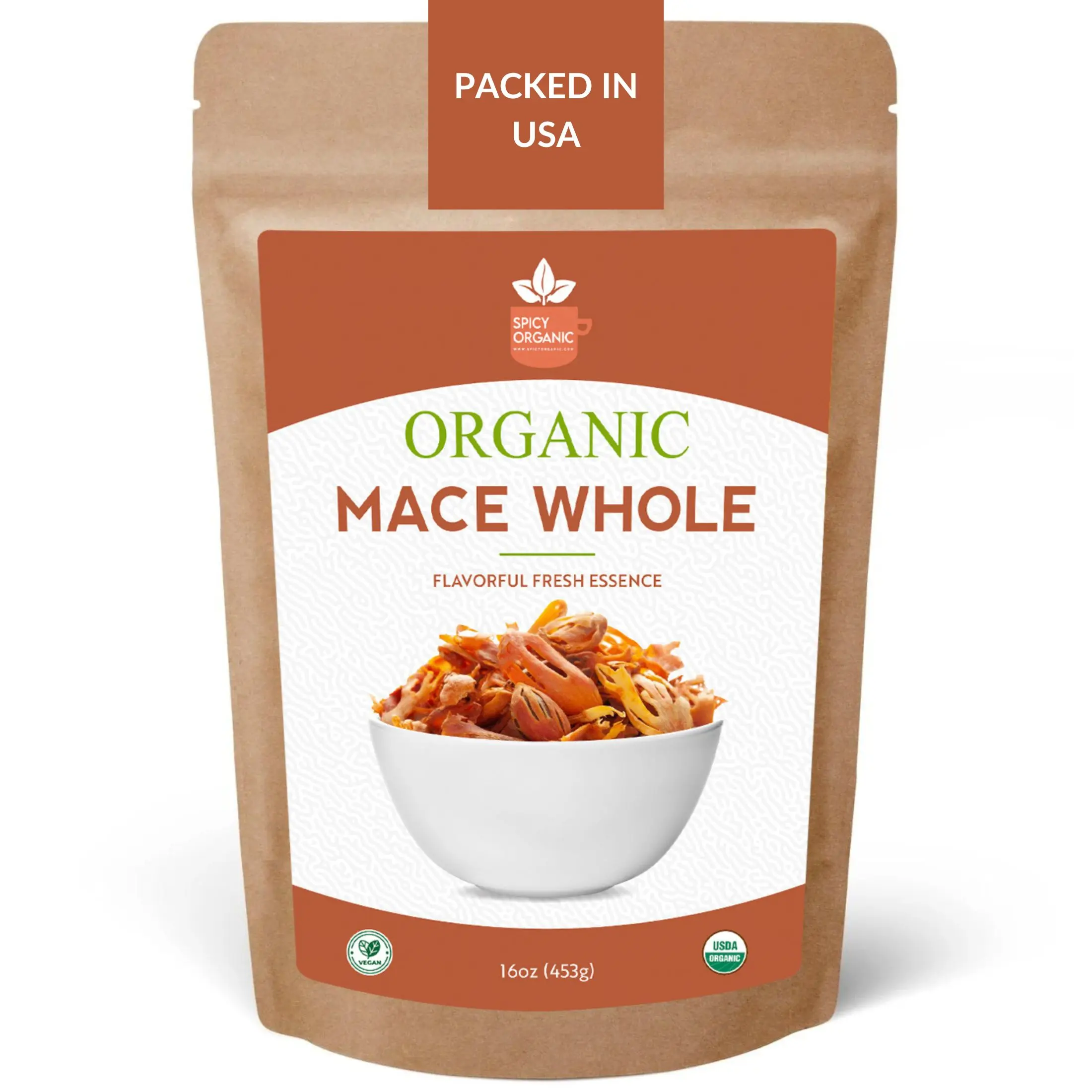 SPICY ORGANIC Mace Whole (Javantri) – 16 oz (454 g), USDA Certified Organic Mace Spice, 100% Raw, Non-GMO, Vegan, Gluten-Free – Enhance Dishes with Rich, Aromatic Flavor | Myristica Fragrans | Resealable Pouch.