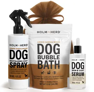 Holm & Herd Luxurious Dog Gift Set - Bubble Bath Powder, Dog Refreshing Spray, Skin & Coat Serum & Organza Gift Bag – Vet Approved – Made in the USA