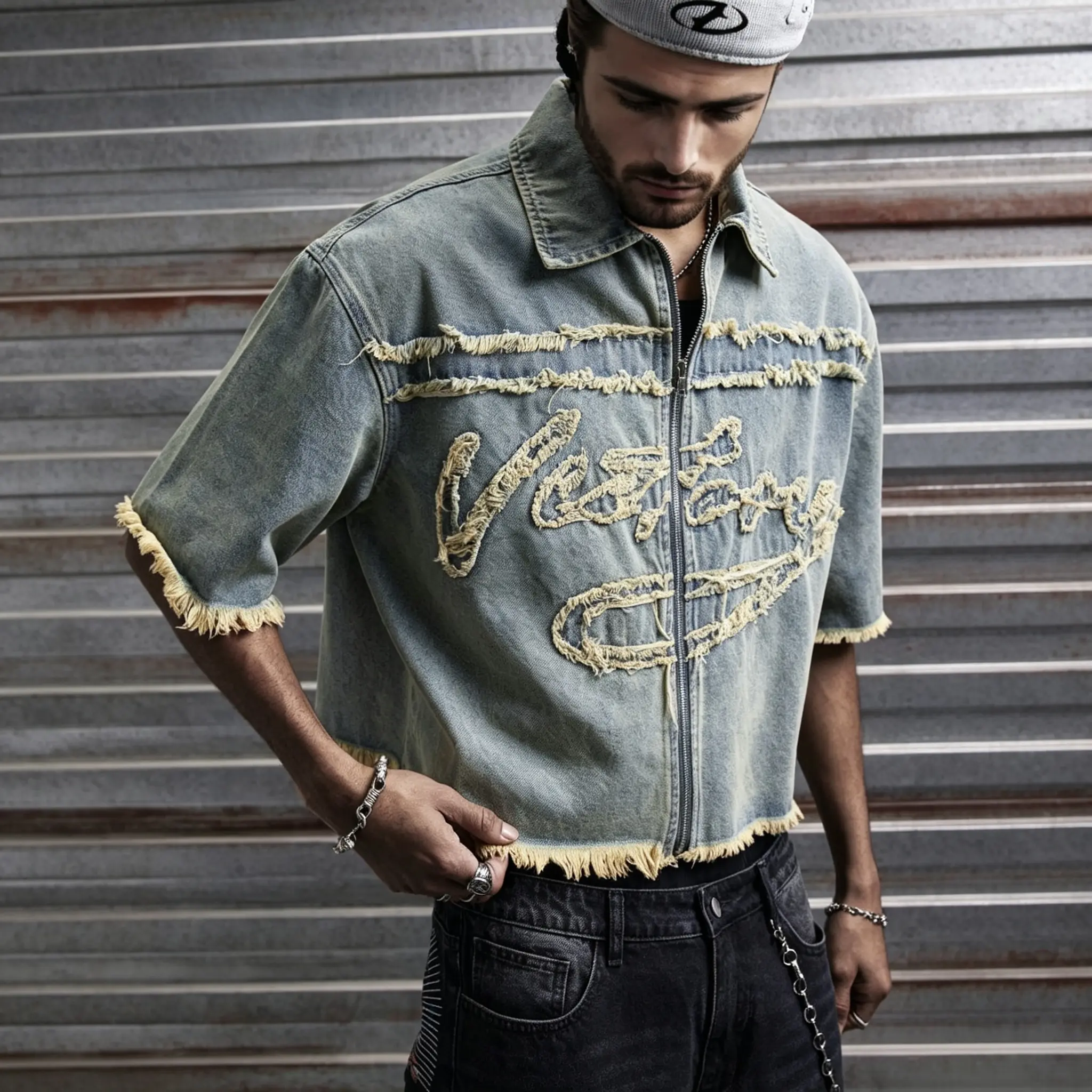 American vintage frayed appliqué cropped short-sleeve denim jacket; retro light blue washed denim with frayed edges at the hem and cuffs; front multi-layered frayed appliqué letter three-dimensional decoration; American street oversized silhouette.