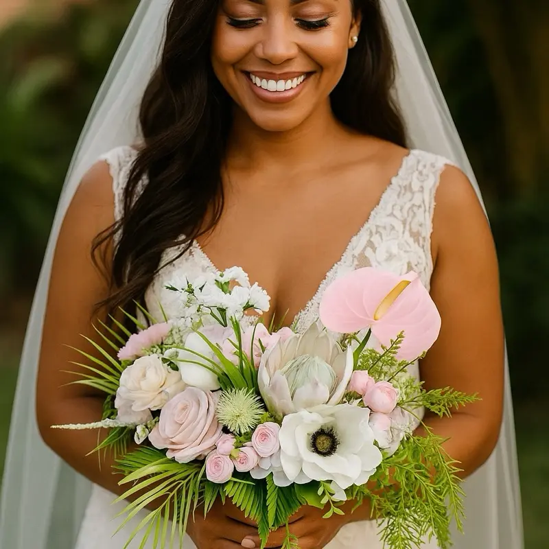 One-of-a-kind bridal bouquet — soft pinks, tropical touches, forever blooming   Handmade | Ships Nationwide | Customizable