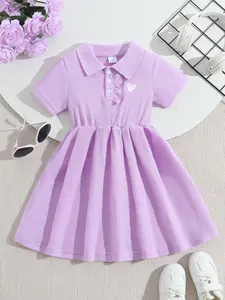Summer Young Girls Simple Collared Button Dress, Button Front Half Zipper, Heart Embroidery, Casual Outdoor Sporty Style, Essential Daily Wear