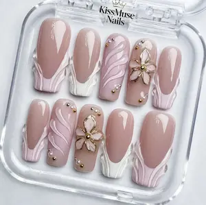 KissMuse Nails | TG048 |  Pink 3D Water Ripple Pattern Wearable Nails, Long Square Shape Press on Nails with 3D Floral Design, French Style False Nails for Stunning Manicure