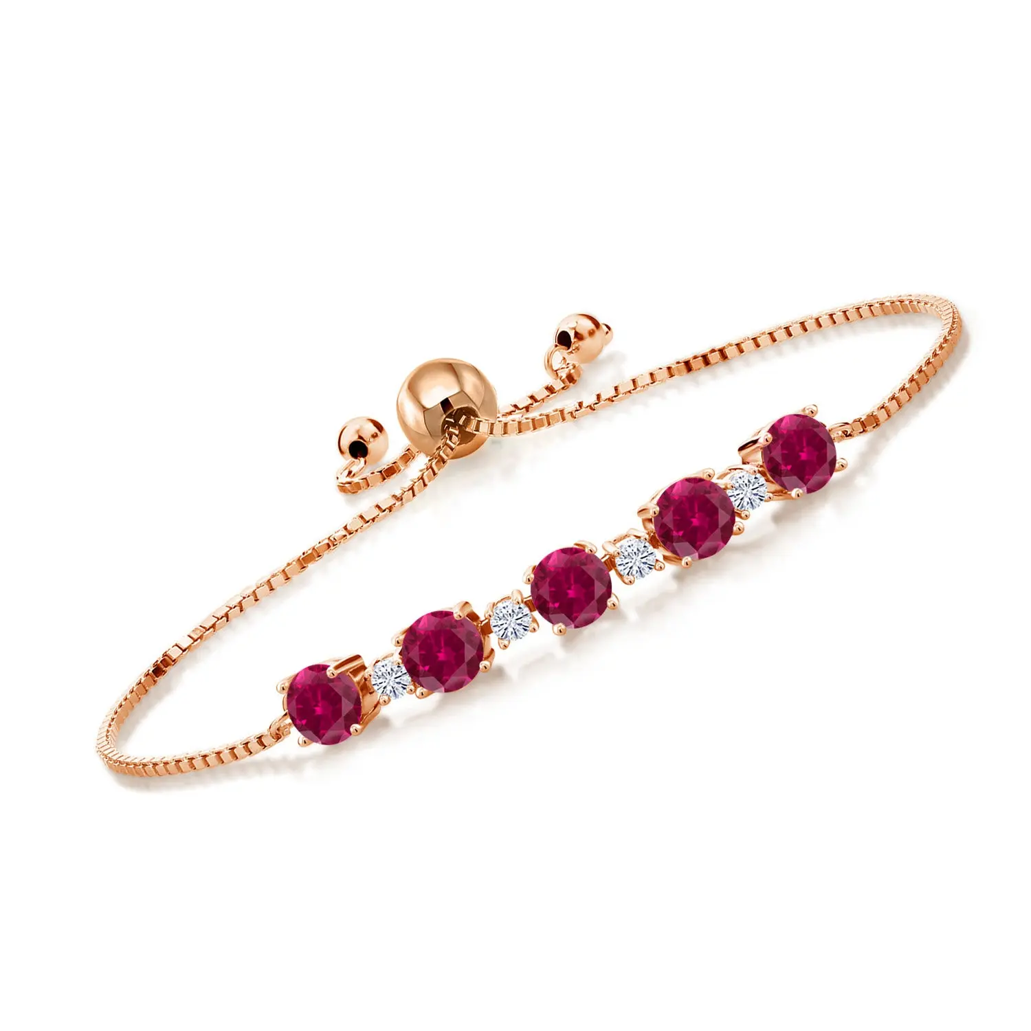 18K Rose Gold Plated Silver Gemstone Birthstone and White Moissanite Tennis Bracelet for Women | Round 5MM and 2.5MM | Adjustable Bolo Design | Easy-On Easy-Off | Fully Adjustable Up to 9 Inch