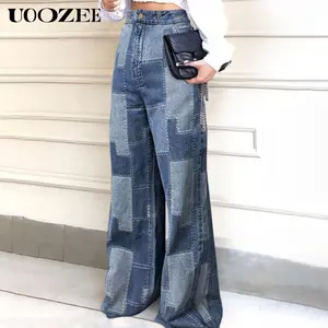 UOOZEE Women's 2025 New Autumn Clothes Fashion Pockets No Stretch Jeans Buttoned Contrast Color Streetwear Pants Wide Leg Loose Female High Waist Denim Trousers  Bottoms (Overall Sizing Runs Small  - Check Size Guide or Order One Size Larger)