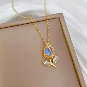Stainless Steel Gold Plated Romantic Gradient Tulip Flower Pendant Necklace For Women • Birthday Gifts • Gift for Girlfriend, Wife, Daughter, Mother • Anniversary Gift