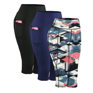 Imily Bela 3pcs/Set Plus Size Pocket Printed Yoga Pants High Waist Fitted Slimming Workout Leggings Capri Athletic Stretchable Skorts