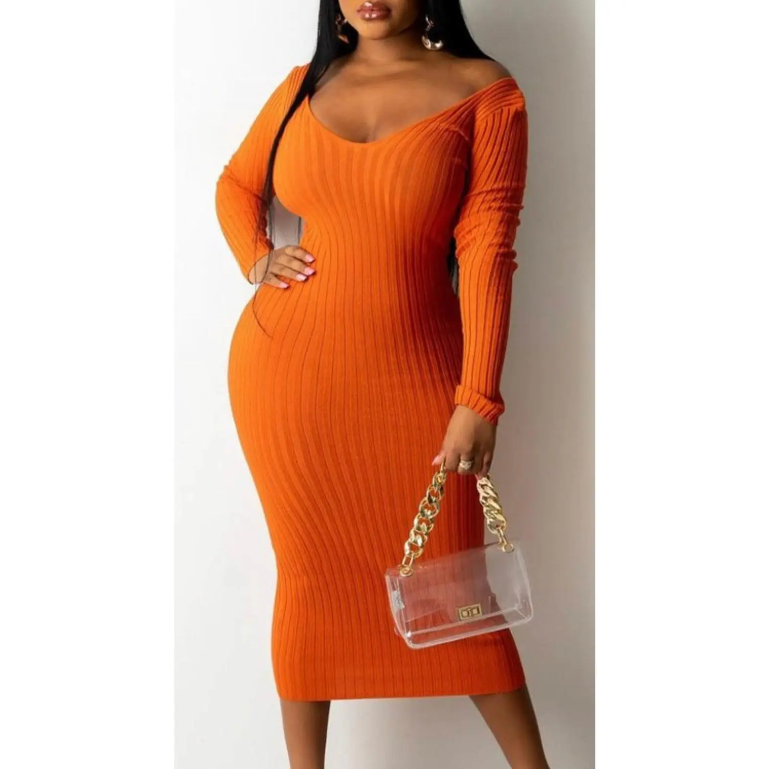 Orange Rib Knit Off Shoulder Slim Dress - TikTok Shop