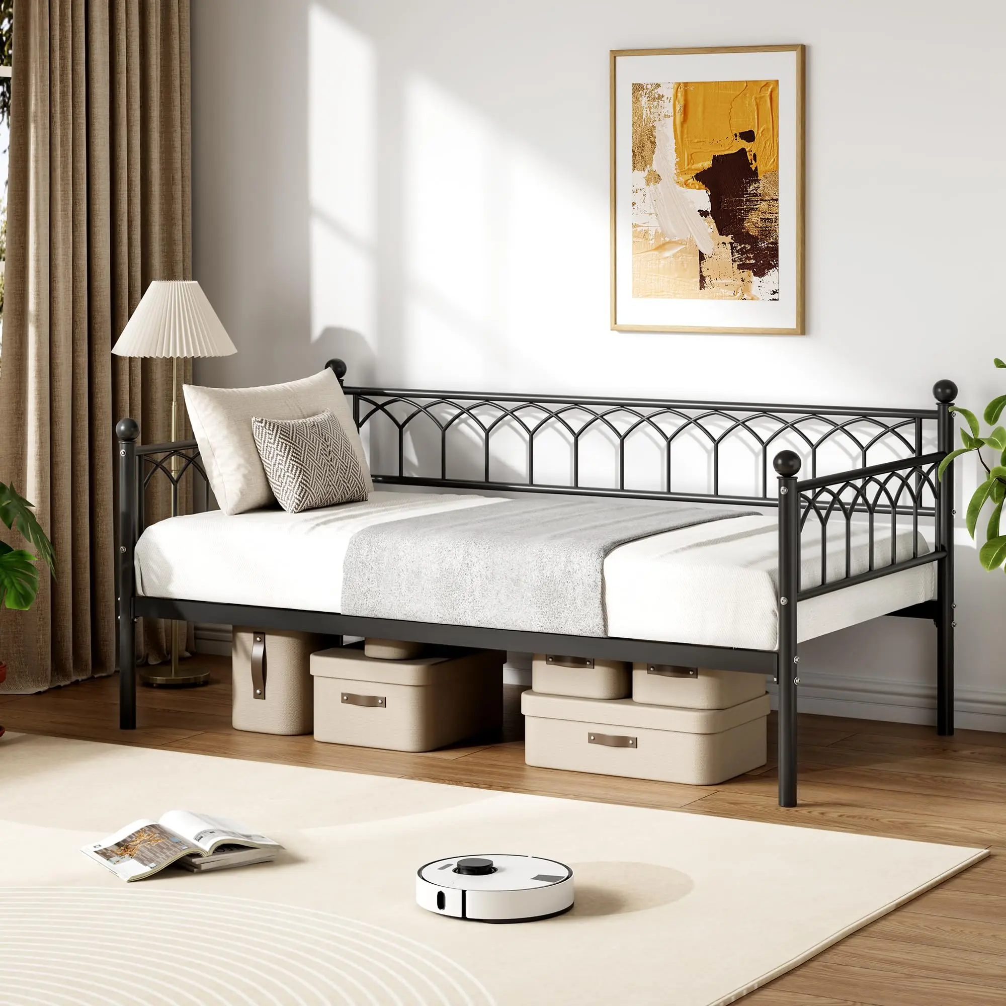 YJ-Garvee Twin Size Pull Out Daybed Sofa Bed Frame - Iron Bed Frame with Metal Steel Slat Support, Industrial Metal Accents, Hidden Storage Compartment, Space Saving, Easy Assembly for Apartment Small Spaces, Pull Out Bed