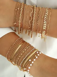 22pcs Fashion Minimalist Elegant Vintage Design Layered Heart Faux Pearl Rhinestone Bangles Bracelets Set, Casual Style for All Seasons