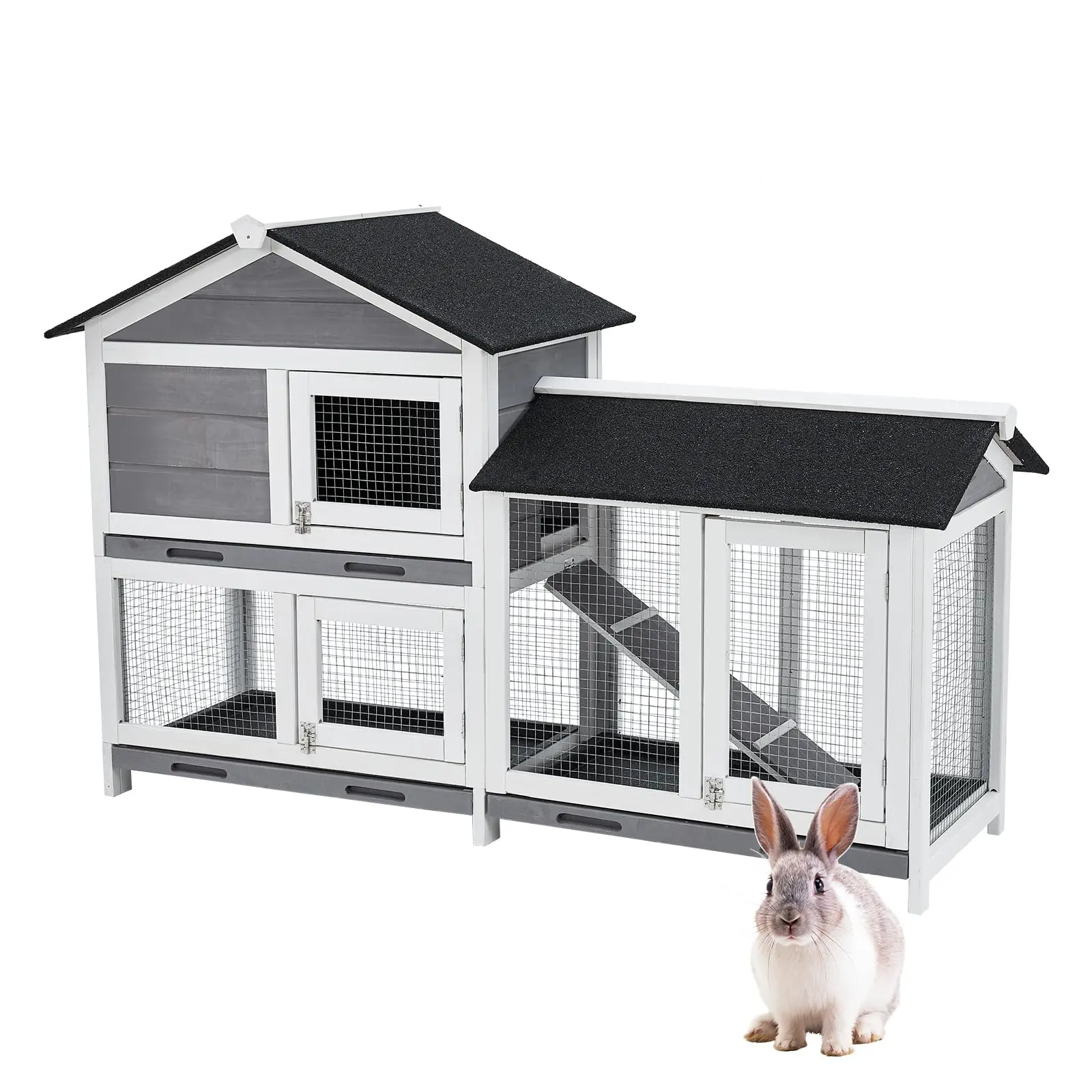 GARVEE 58'' Bunny Hutch Indoor with 3 Leak-proof Trays, Wooden Waterproof Roof Rabbit Hutch Indoor/Outdoor, 2-Tier Bunny House/Chicken Coop, Gray and Black