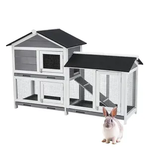 GARVEE 58'' Bunny Hutch Indoor with 3 Leak-proof Trays, Wooden Waterproof Roof Rabbit Hutch Indoor/Outdoor, 2-Tier Bunny House/Chicken Coop, Gray and Black