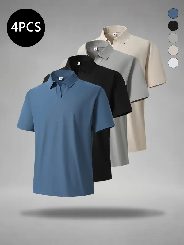 4-Pack Men’s Polo Shirts – Summer Casual Loose Fit, Versatile Solid Color Turn-Down Collar Short Sleeve Tops