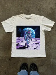 Graffiti Astronaut On Moon Earth Space Graphic T Shirt Men Women Neon Purple Cosmic Oversized Cotton Crewneck Streetwear Tee