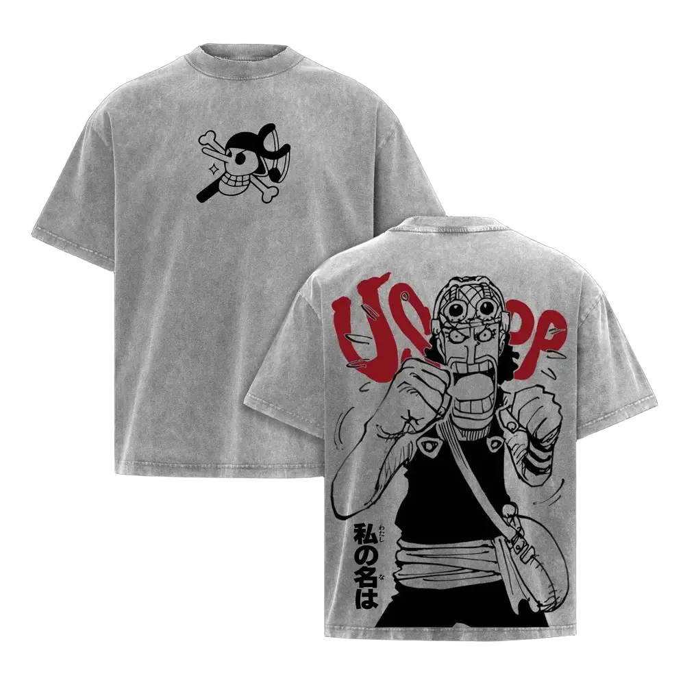 Usopp Anime Vintage Acid Wash Streetwear Collection: Oversized Graphic T-Shirt Retro Japanese Harajuku Style Unisex Pump Cover Gym Apparel Gift.