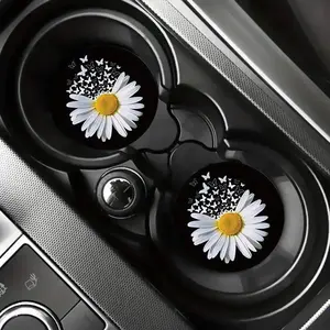 Flower Pattern Car Coaster, 2 Counts Round Anti-slip Car Cup Holder Pad, PU leather Car Interior Decoration Accessories for Women & Girls, Car Interior Accessory