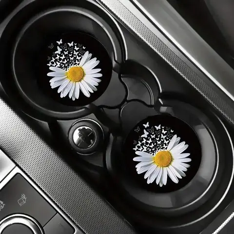 Flower Pattern Car Coaster, 2 Counts Round Anti-slip Car Cup Holder Pad, PU leather Car Interior Decoration Accessories for Women & Girls, Car Interior Accessory, Car Interior Decorative, Aesthetic Car Accessory, Car Accessories Cute