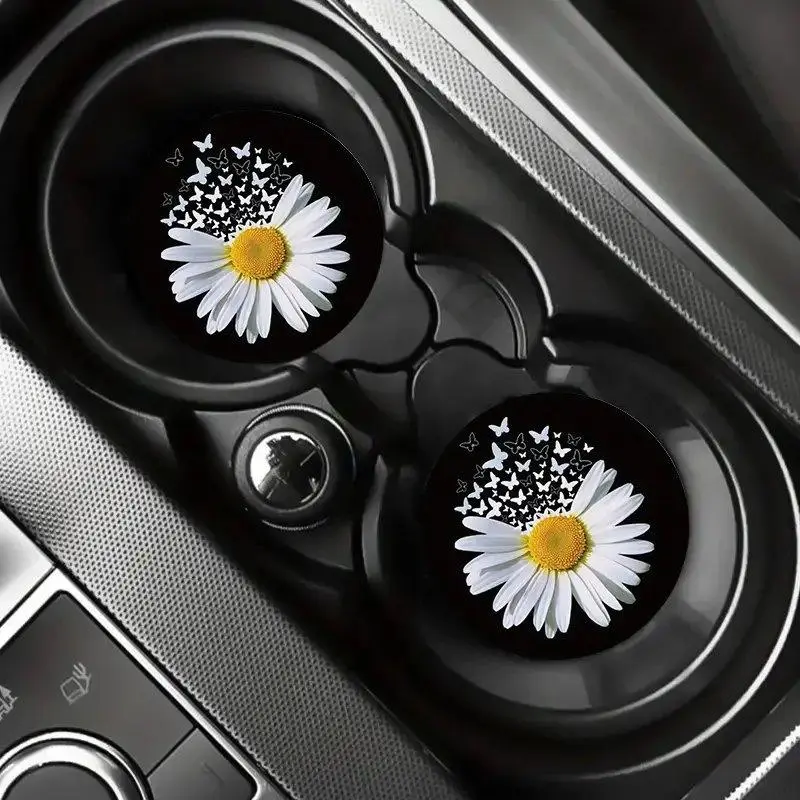 Flower Pattern Car Coaster, 2 Counts Round Anti-slip Car Cup Holder Pad, PU leather Car Interior Decoration Accessories for Women & Girls, Car Interior Accessory, Car Interior Decorative, Aesthetic Car Accessory, Car Accessories Cute
