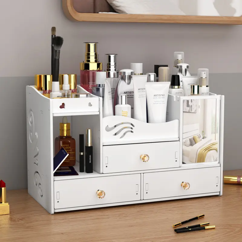 Desktop cosmetic storage box, household multi-layer jewelry box, drawer-style with mirror, dust-proof, large-capacity makeup box