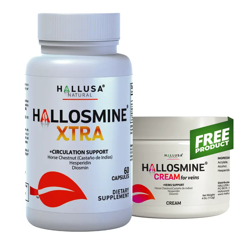 HALLUSA NATURAL Hallosmine XTRA Vein Care Capsule Plus Cream Bundle (60 Caps/Bottle + Free Cream), Sugar-Free Herbal Support with Diosmin, Horse Chestnut, Hesperidin, Women’s Vitamins, Camphor, Cool Menthol for Healthy Circulation & Swelling Reduction