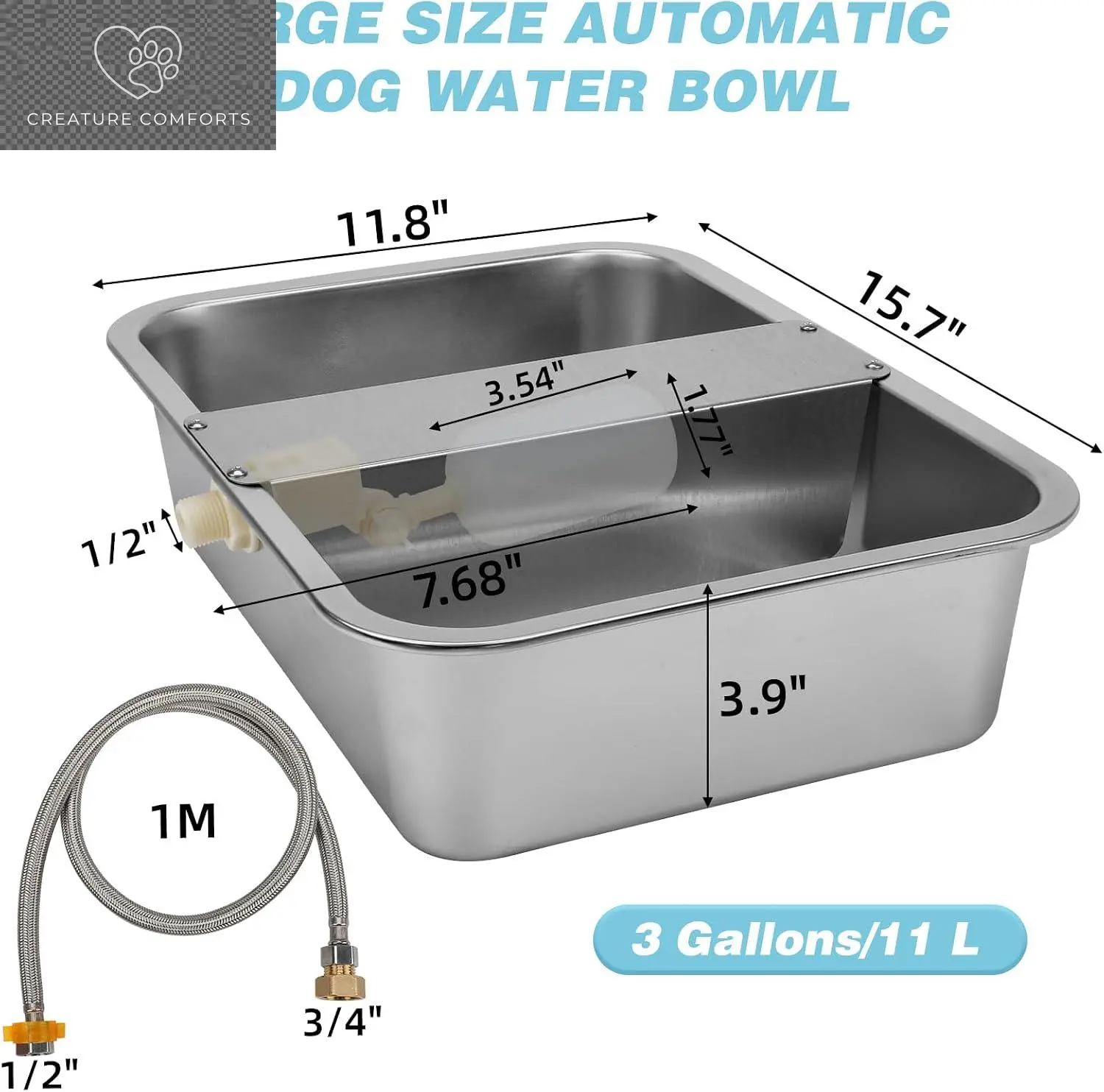 3 Gallon Dog Water Bowl Dispenser, Auto Fill Stainless Steel Bowl | Auto-Refill Float Valve, Stainless Steel Bowl, Fits 3/4 in GHT Faucet, Outdoor Use, Easy to Clean, Dogs, Cats and Chickens