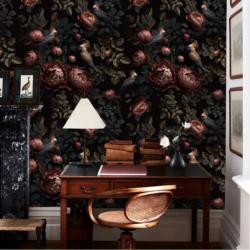1 Roll 17.3 x 118/197 Inches Vintage Dark Floral Bird Self-Adhesive Wallpaper, Decorative Wallpaper, Black Background Red Peony and Bird Pattern, Peel and Stick Waterproof Removable Contact Paper, for Bedroom Bathroom Cabinets Shelves Decor