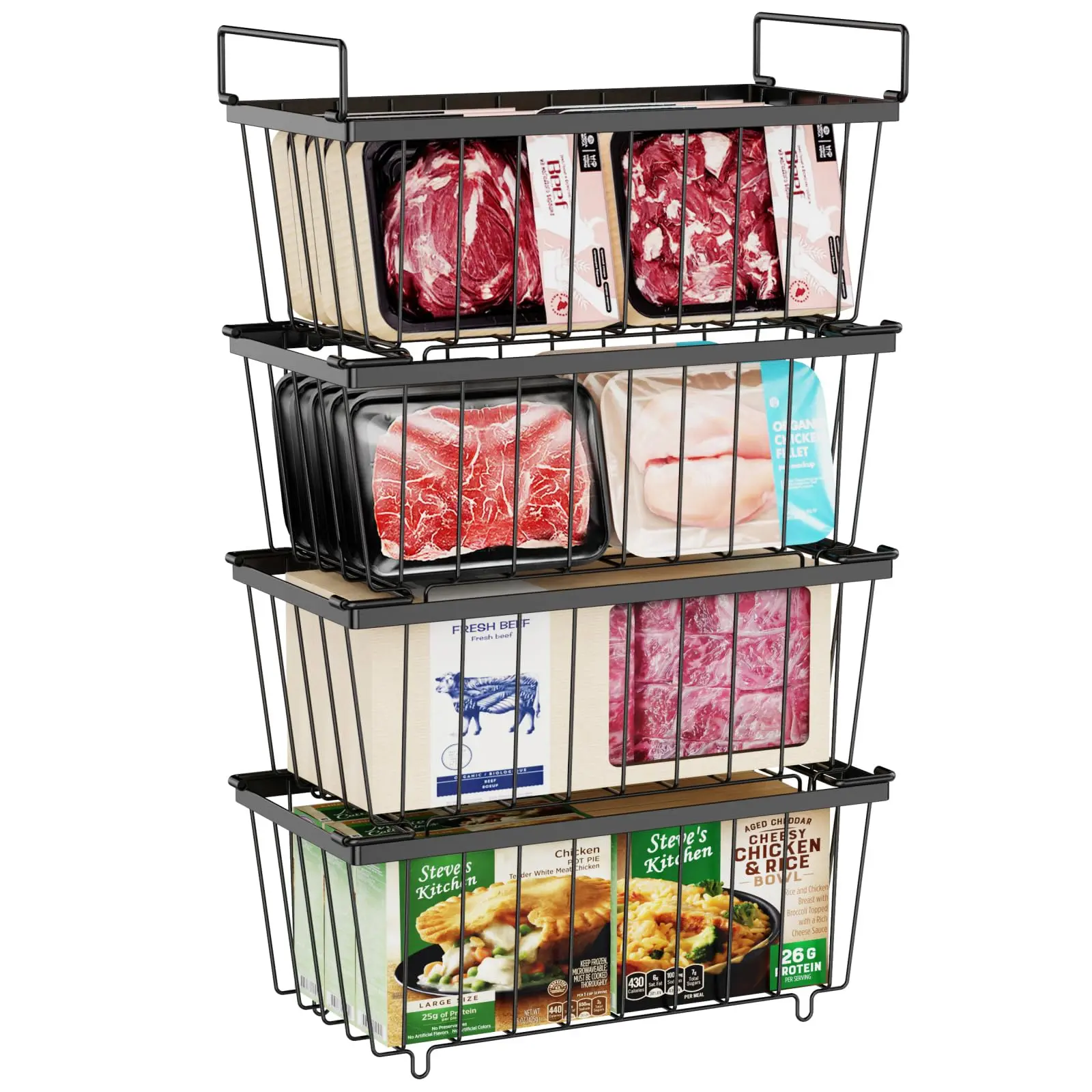 Deep Freezer Organizer Bins 3/4/5/6/8 Pack Stackable Chest Freezer Organizer for 7 Cu.FT Deep Freezer Sort Frozen Meats Iron Basket with Handle Easy Reach Efficient Freezing Cold Storage Food Preservation