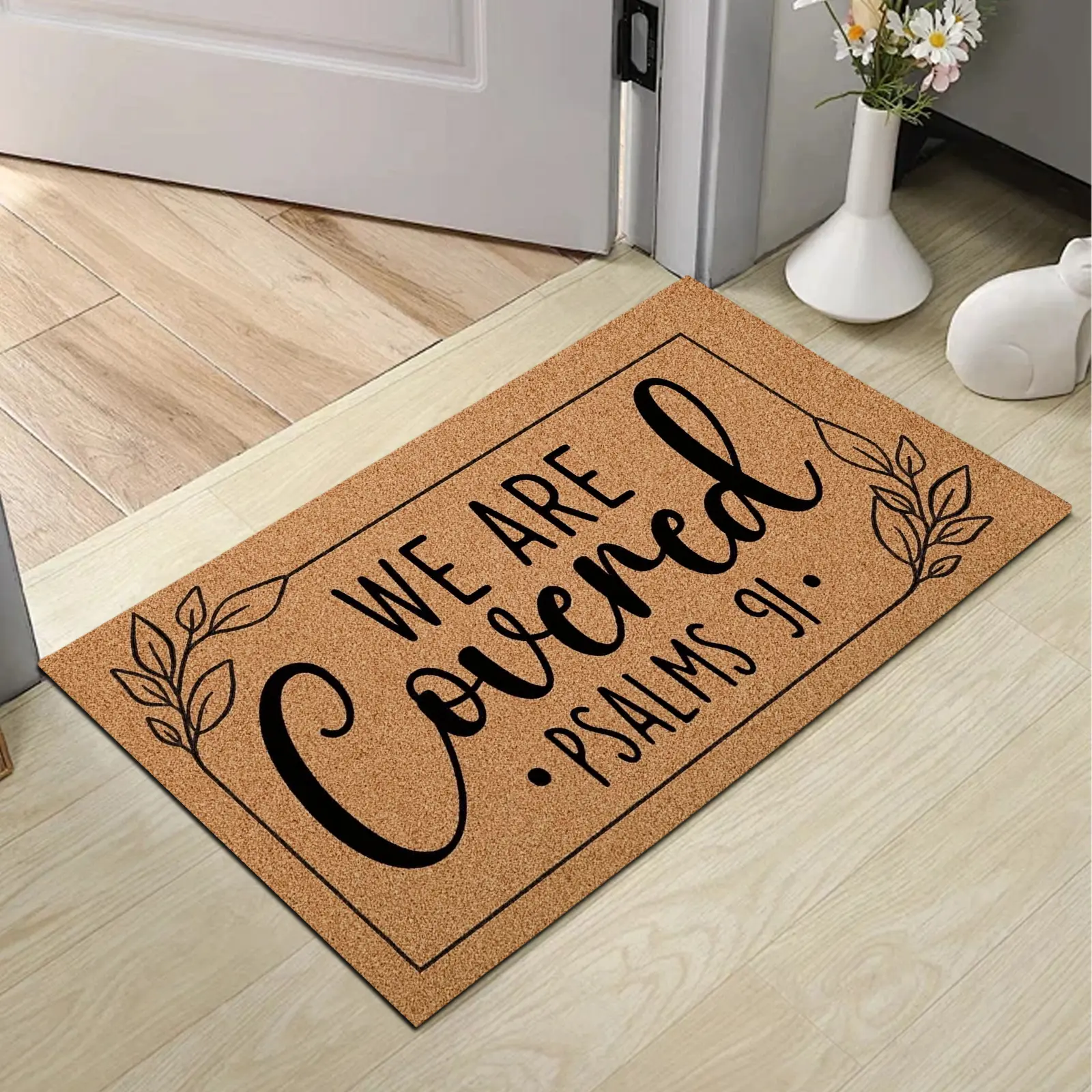 "We Are Covered Psalm 91 Christian Faith Diatomaceous Earth Doormat - Anti-Slip Backing, Water Absorbent, Rustic Look Indoor Outdoor Rugs, Faith-Based Home Decor Housewarming Gift", Anti-Skid, Non-Slip