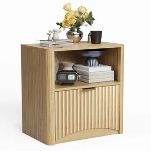 Nightstand, 22.8" Wide Fluted Nightstand with Drawer and Storage, Mid Century Modern Nightstand, Fluted Nightstand for Bedroom Sofa Office