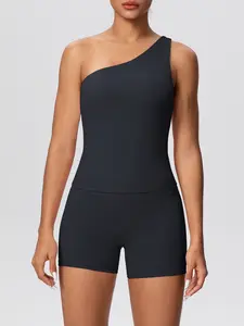 Women's One-Shoulder Activewear Set，Buttery Soft Stretchy Fabric, High-Waisted Tummy-Control Biker Shorts & Slim-Fit Tank Top, Quick-Dry Moisture-Wicking Workout Clothes for Gym Yoga Pilates Sportswear