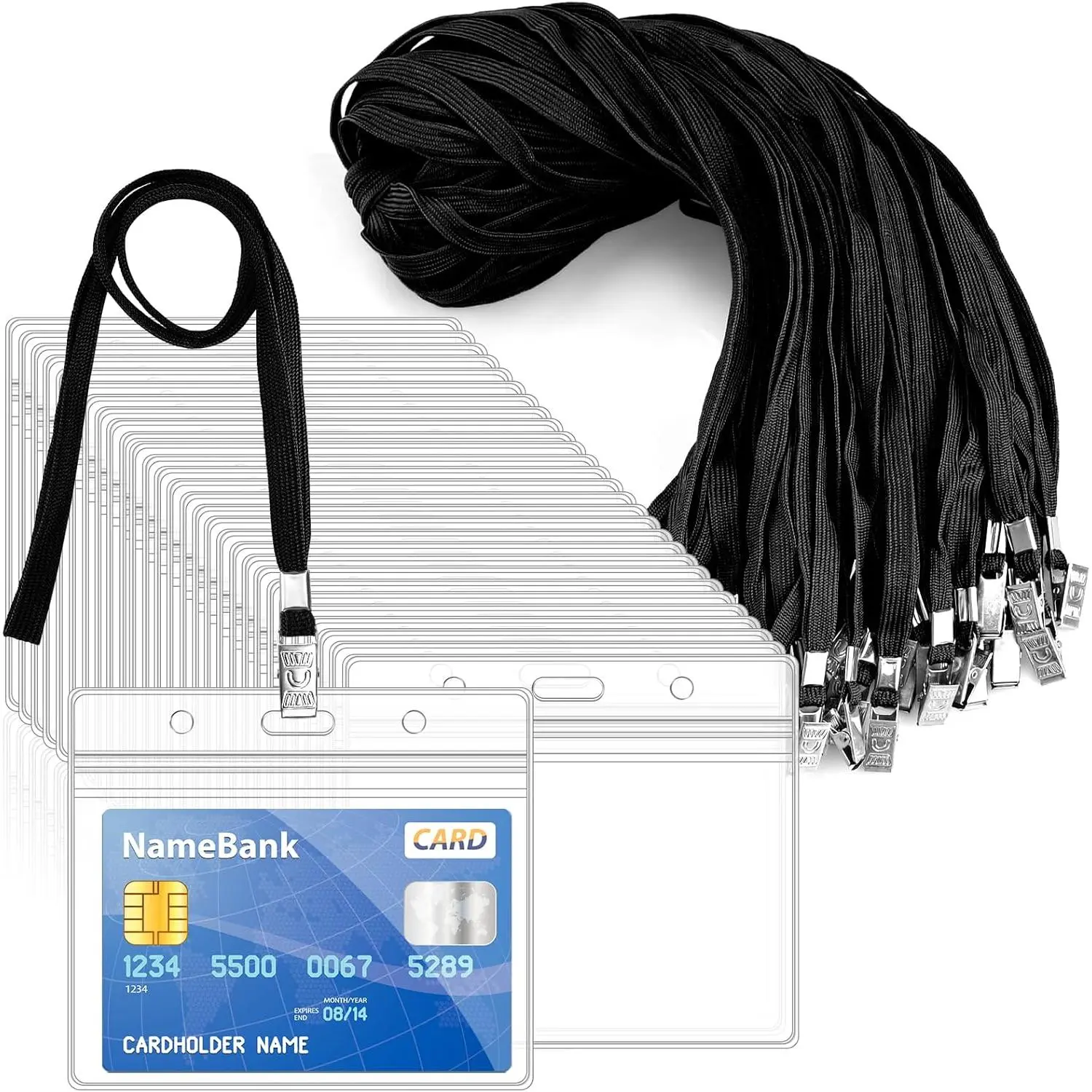 30 count Lanyards for Id Badges and 30 count Clear Plastic Horizontal Name Badge ID Card Holders,  Lanyards with Metal Clip  Resealable Name Tag Badge ID Card Holders, Black