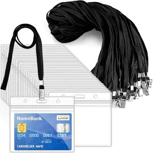 30 count Lanyards for Id Badges and 30 count Clear Plastic Horizontal Name Badge ID Card Holders,  Lanyards with Metal Clip  Resealable Name Tag Badge ID Card Holders, Black