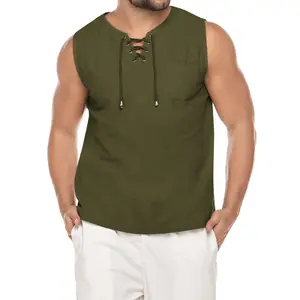 COOFANDY Men's Cotton Linen Tank Top Shirts Casual Sleeveless Lace Up Beach Hippie Tops Bohemian Renaissance Pirate Tunic