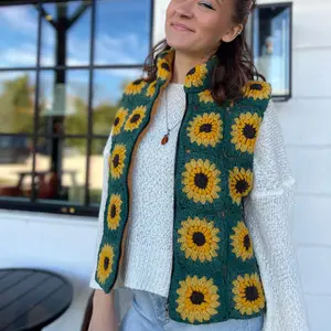 Sunflower Flower Granny Square Fleece Lined Wool Vest