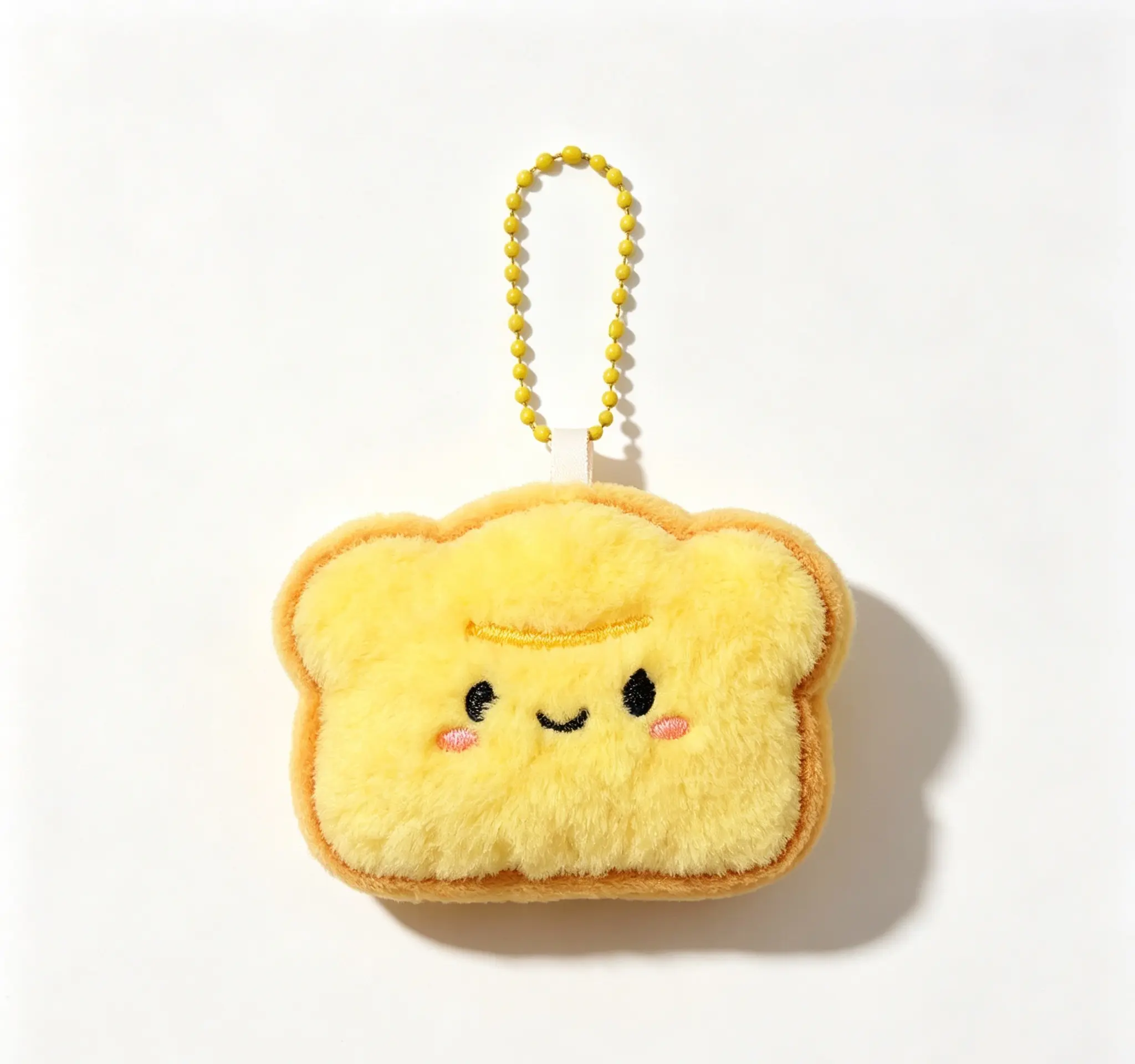 Cute Toast‑Style Bag Charm | Soft‑textured Accessory With Smiley Face Embroidery & Yellow Bead Chain