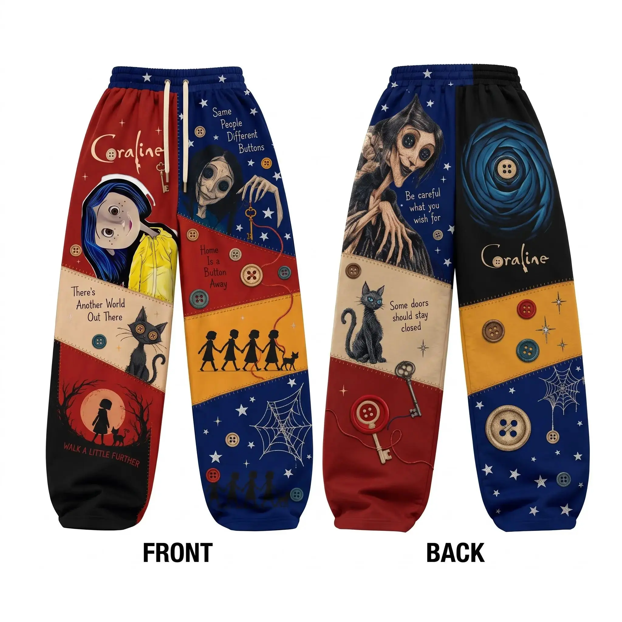 Caroline Girl Spooky Button Sweatpants, Horror Patchwork Wide Leg Jogger Pants, Gothic Cartoon Lounge Pants, Unisex Streetwear
