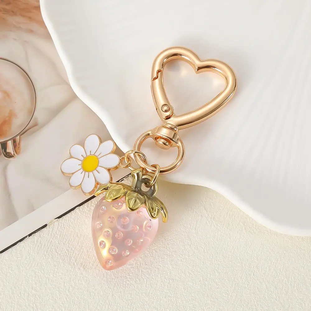 4pcs Cute Sakura Flower Keychain, Pearl Wrist Strap Key Ring, Heart Clasp Cherry Blossom Strawberry Pendant, Aesthetic Bag Charms for Purse Backpack Car Keys