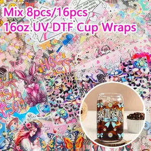 8pcs/16pcs Mixed Double-Sided UV DTF Cup Wraps, Waterproof Creative UV DTF Cup Wraps for 16 Oz, Suitable for Water Cups, Bottles, DIY Crafts