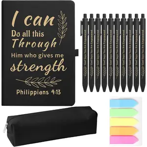 Christian  Set, Prayer Notebook and 10  Pen Set with Sticky Notes & Pencil Case, Inspirational Christian Journaling Supplies, Faith Based Gifts for Women Men, Black