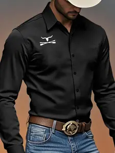 Men's Autumn Casual Long Sleeve Shirt, Comfortable Durable Fabric, Trendy Western Cowboy Print Design, Ideal Gift for Fashion Enthusiasts
