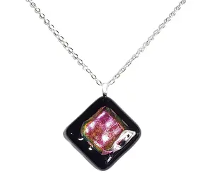 Pink Dichroic Sparkle on Black Fused Glass Necklace
