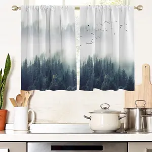 Green Forest Window Curtains for Kitchen Tree Woodland Floral White Grey Fog Birds Small Short Home Living Room Bedroom Bathroom Drapes Treatment Tiers Fabric 1 Pair, 27.5" W x 39" L, Nature